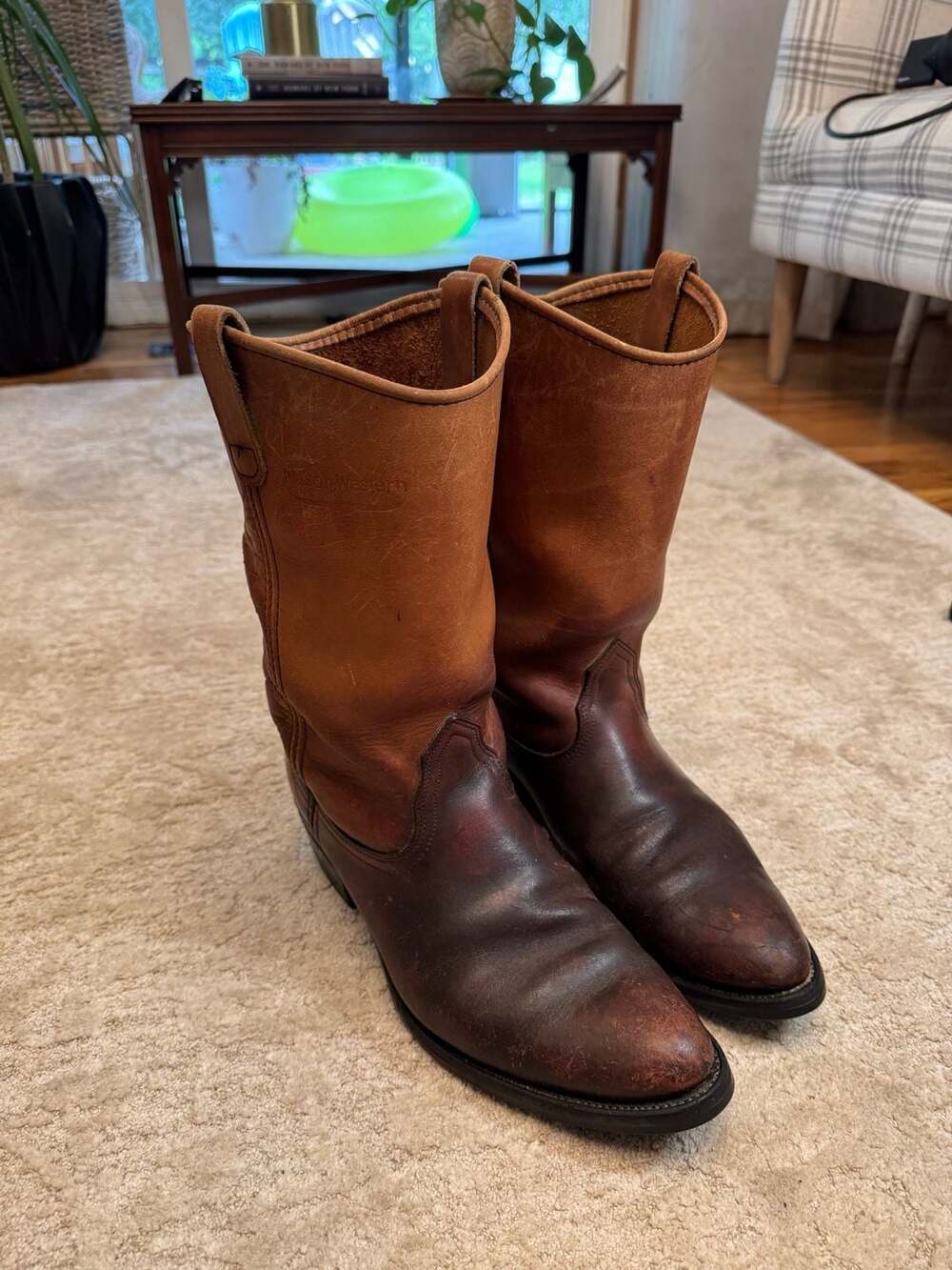 Vintage Mason Western Brown Leather Pull-On Cowboy Boots with Vibram Soles